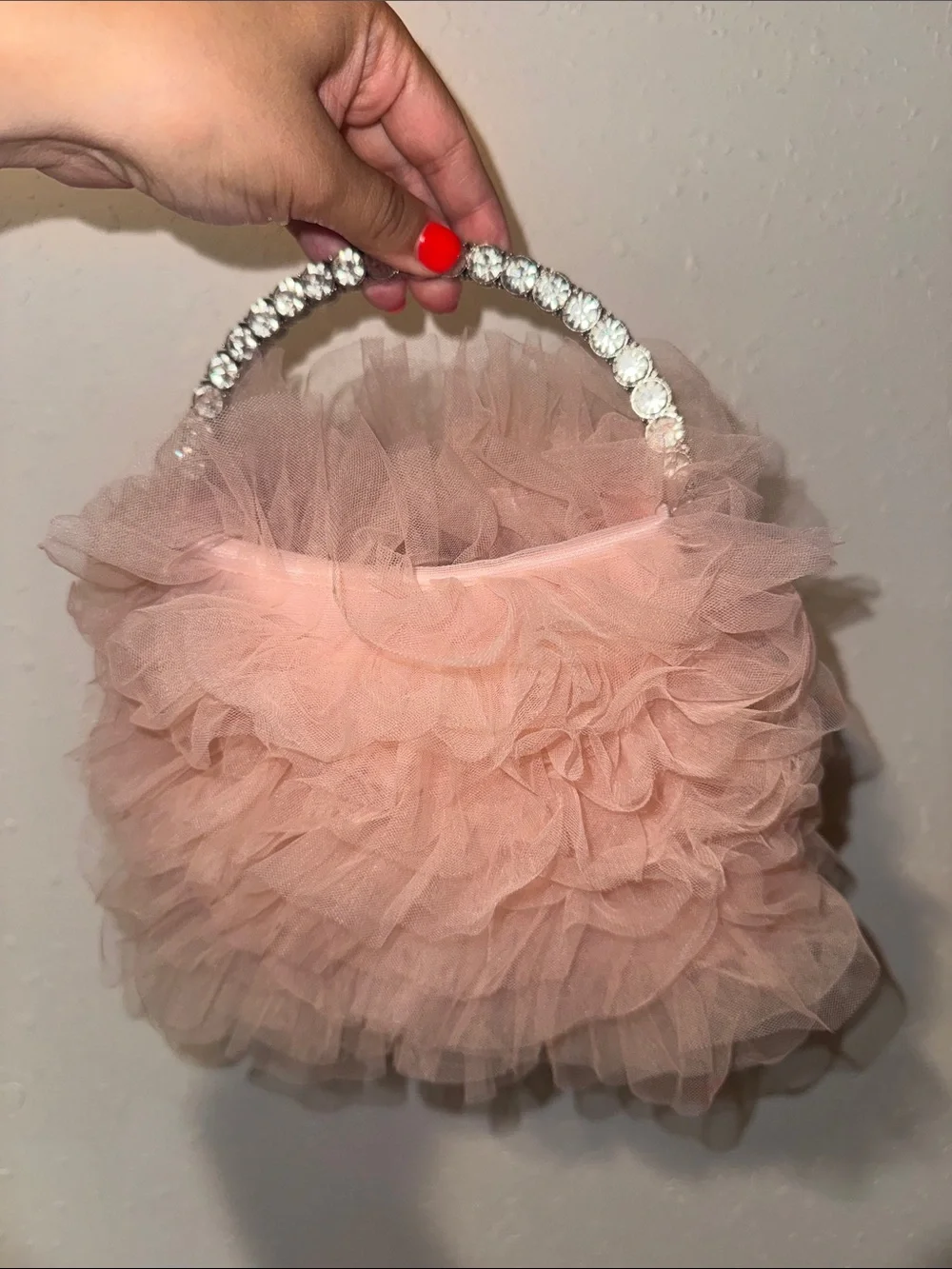 Pink Ruffled Tulle Evening Bag with Crystal Handle